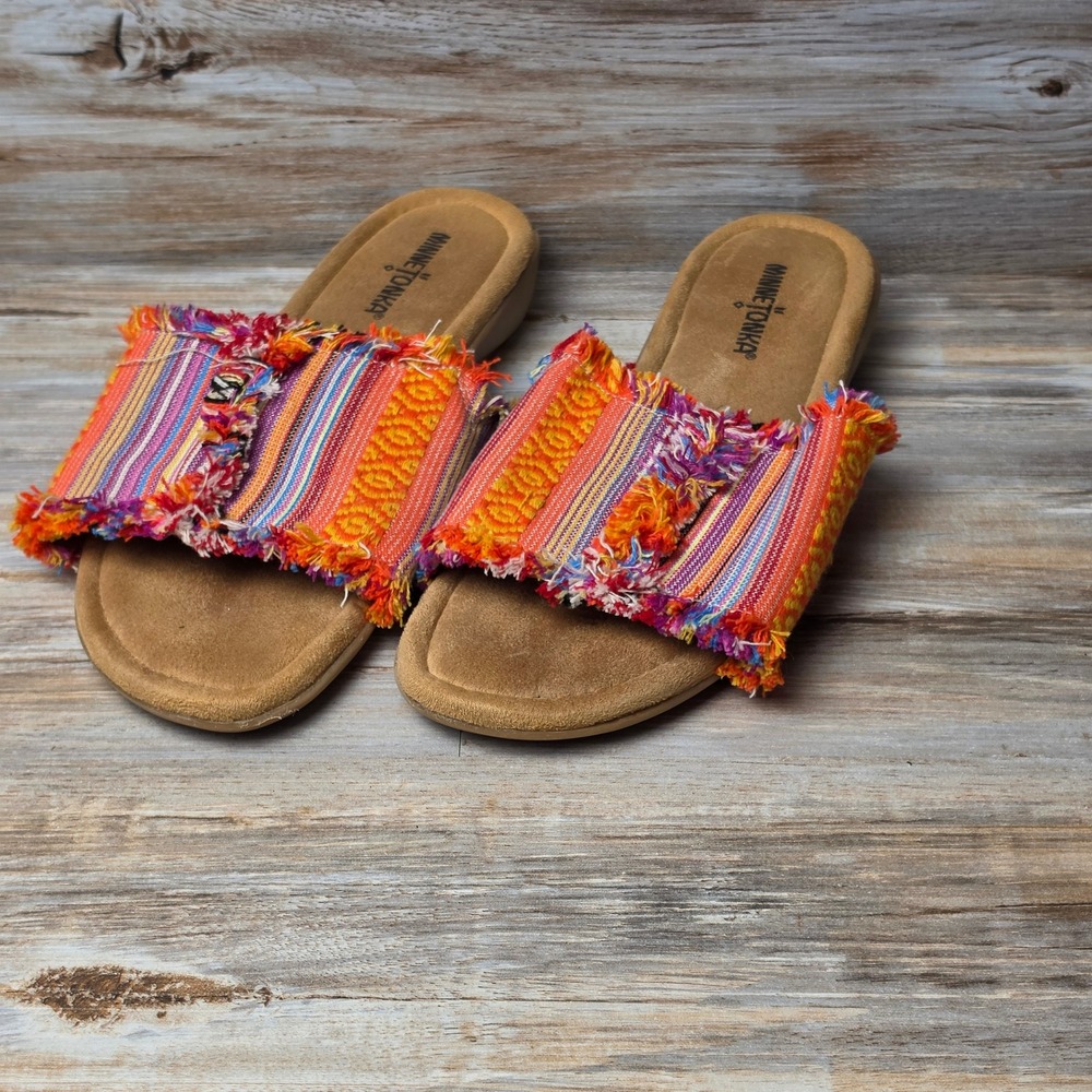 Minnetonka Multicolor Woven Fringe Slide Sandals Boho Slides Womens Size 9